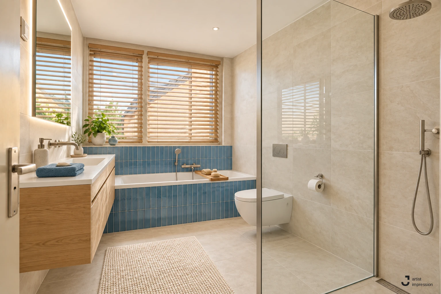 Dezelfde badkamer als artist impression, gerenoveerd: beige wandtegels, blauwe verticale tegels rond het bad en een zwevend houten badmeubel