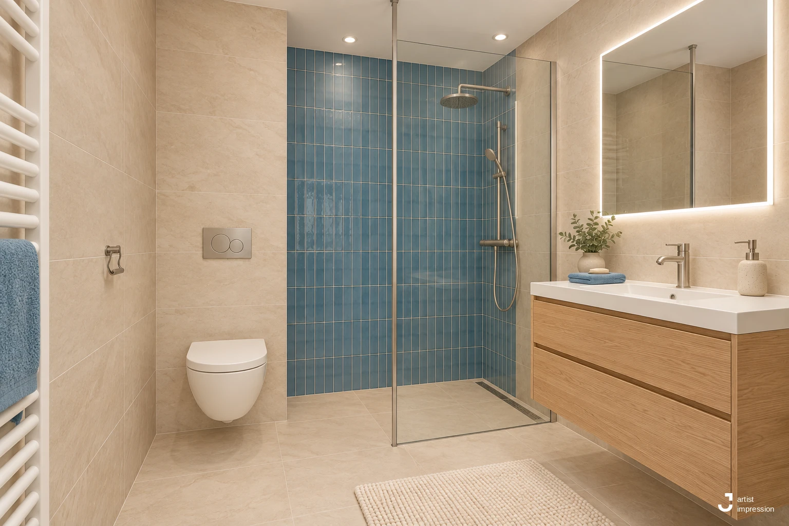 Dezelfde badkamer als artist impression, gerenoveerd: beige wandtegels, een blauwe tegelwand in de douche en een zwevend houten badmeubel met spiegelverlichting