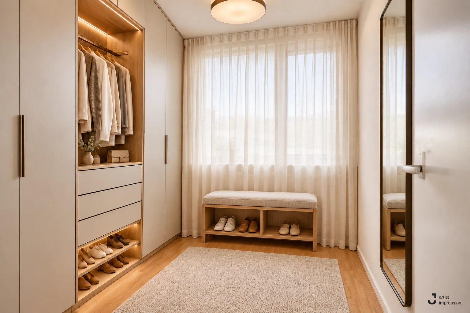 Dezelfde kamer als artist impression: ingericht als inloopkast met kastenwand, bankje en spiegel