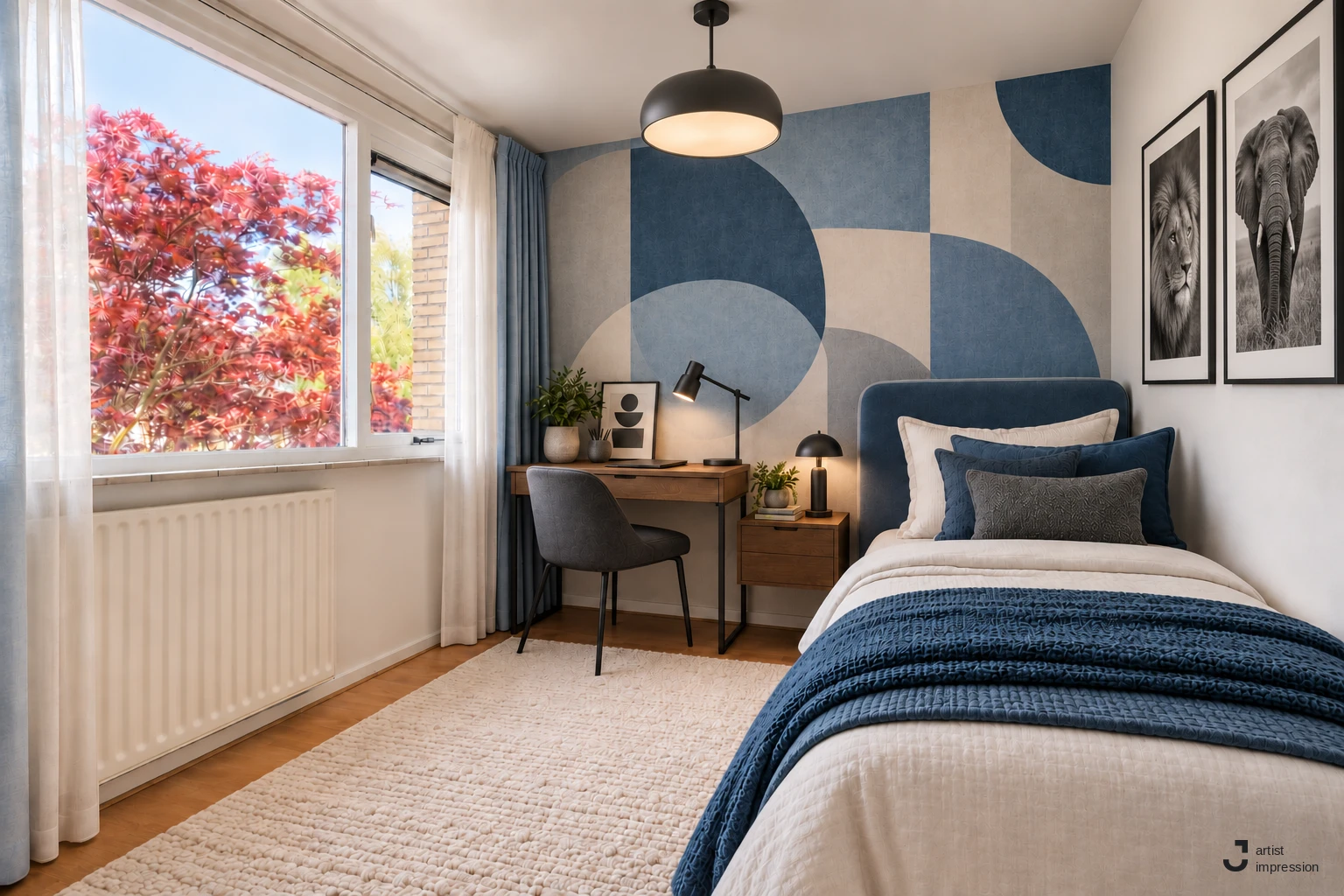 Dezelfde kamer als artist impression: ingericht met een eenpersoonsbed, een bureau en een blauw geometrisch behang