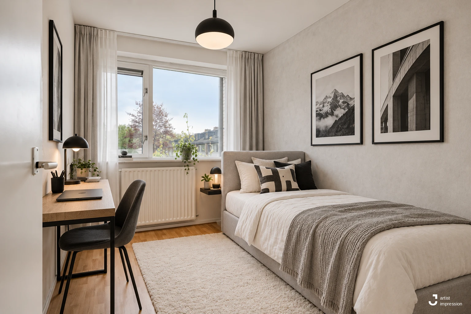 Dezelfde kamer als artist impression: ingericht met een bed, bureau en wanden in grijstinten
