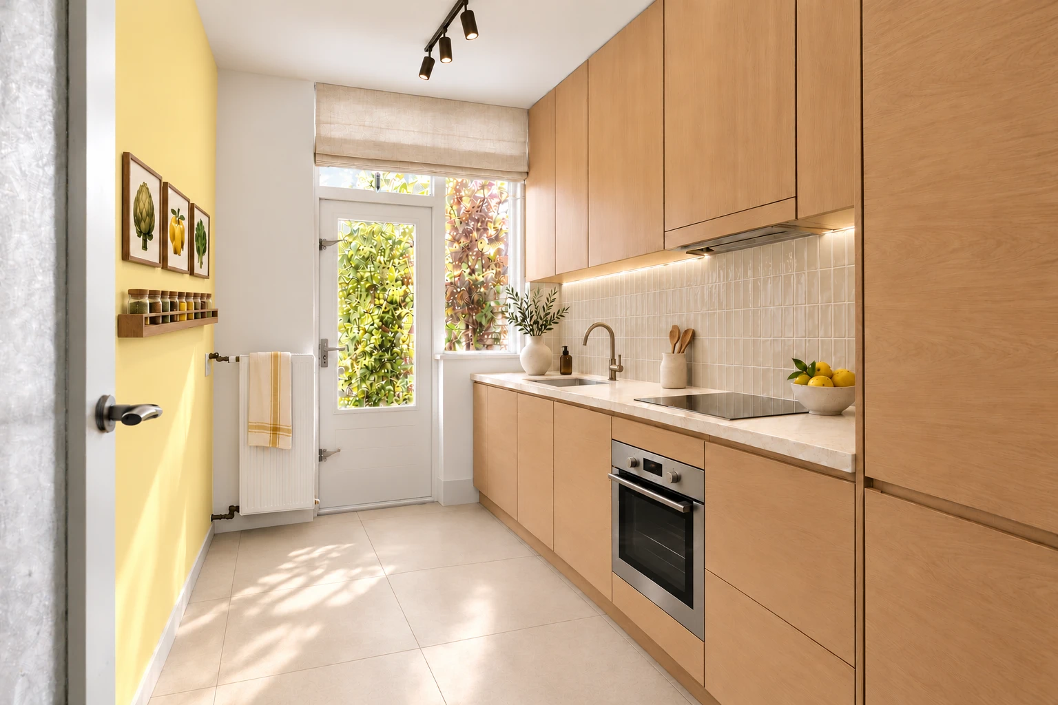 Dezelfde keuken als artist impression: lichte houten kasten, een beige tegelwand, een lichte tegelvloer en een gele wand met kruidenrek