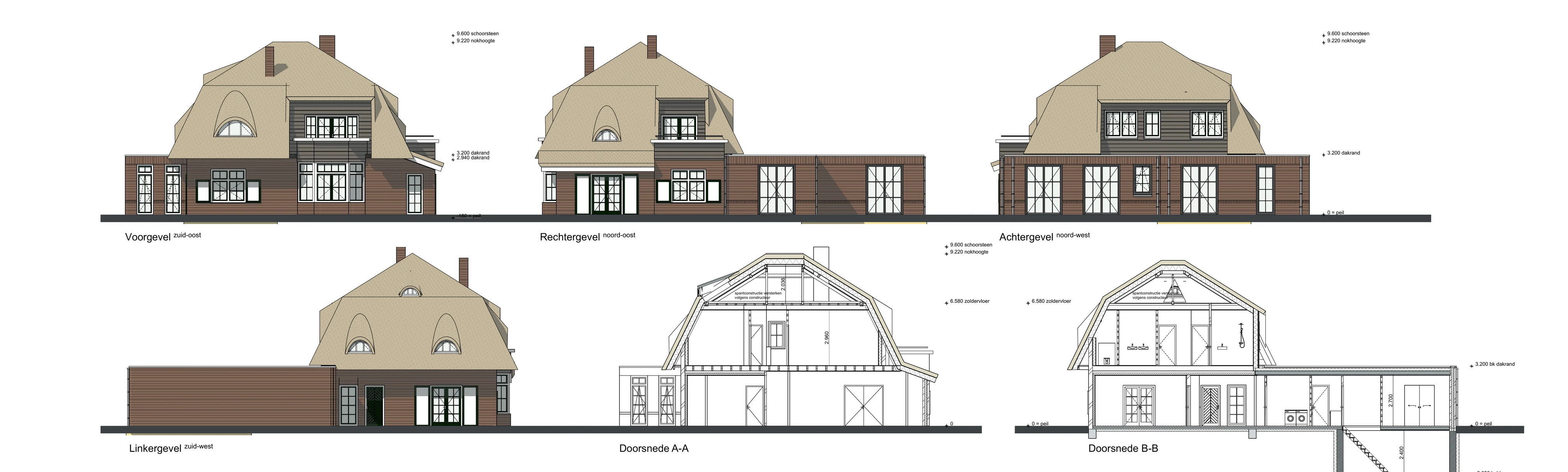 Gevelaanzichten en doorsneden van het nieuwe ontwerp voor de villa, met de toegevoegde kelderverdieping zichtbaar in doorsnede B-B