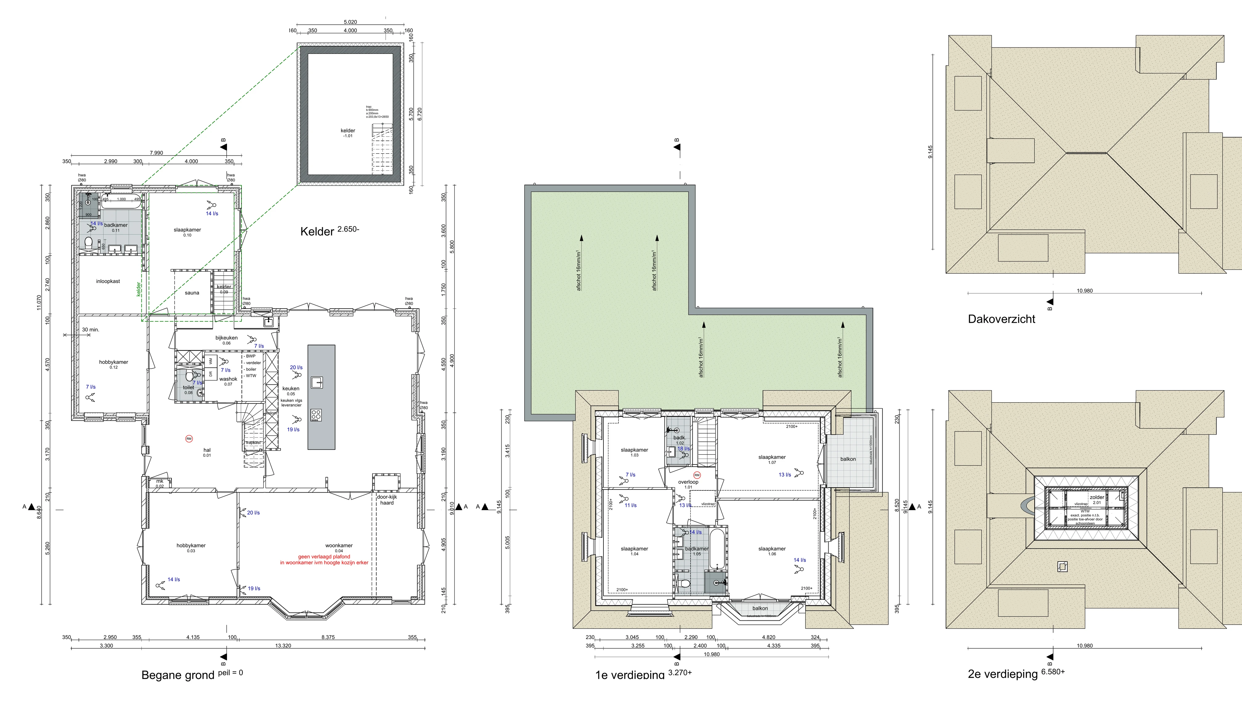 Plattegronden van het nieuwe ontwerp, met de toegevoegde kelderverdieping, de herindeelde begane grond en het dakoverzicht