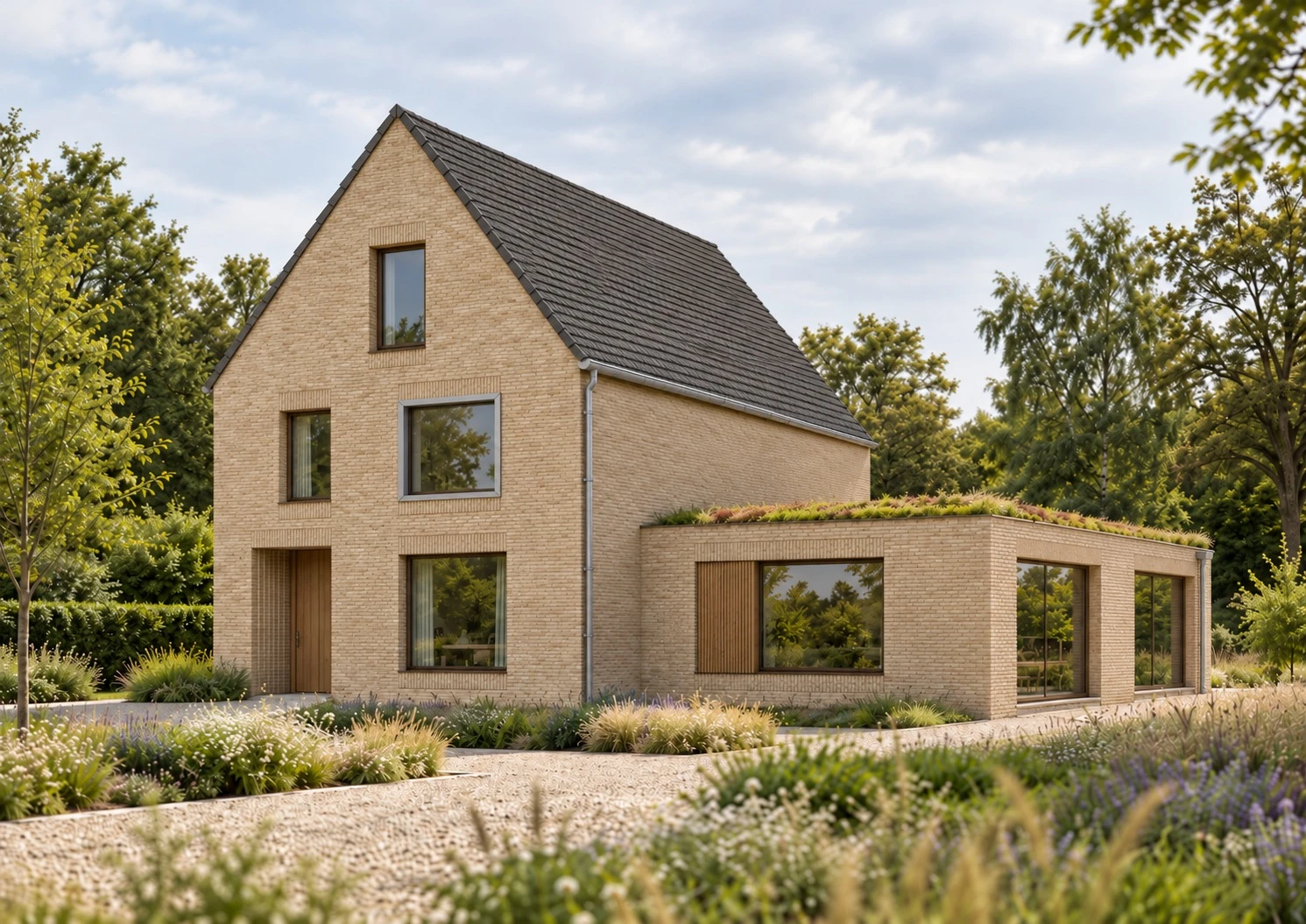 Artist impression van een nieuwbouwwoning met zandkleurige baksteen, antracietkleurige kap en een lage vleugel met groendak