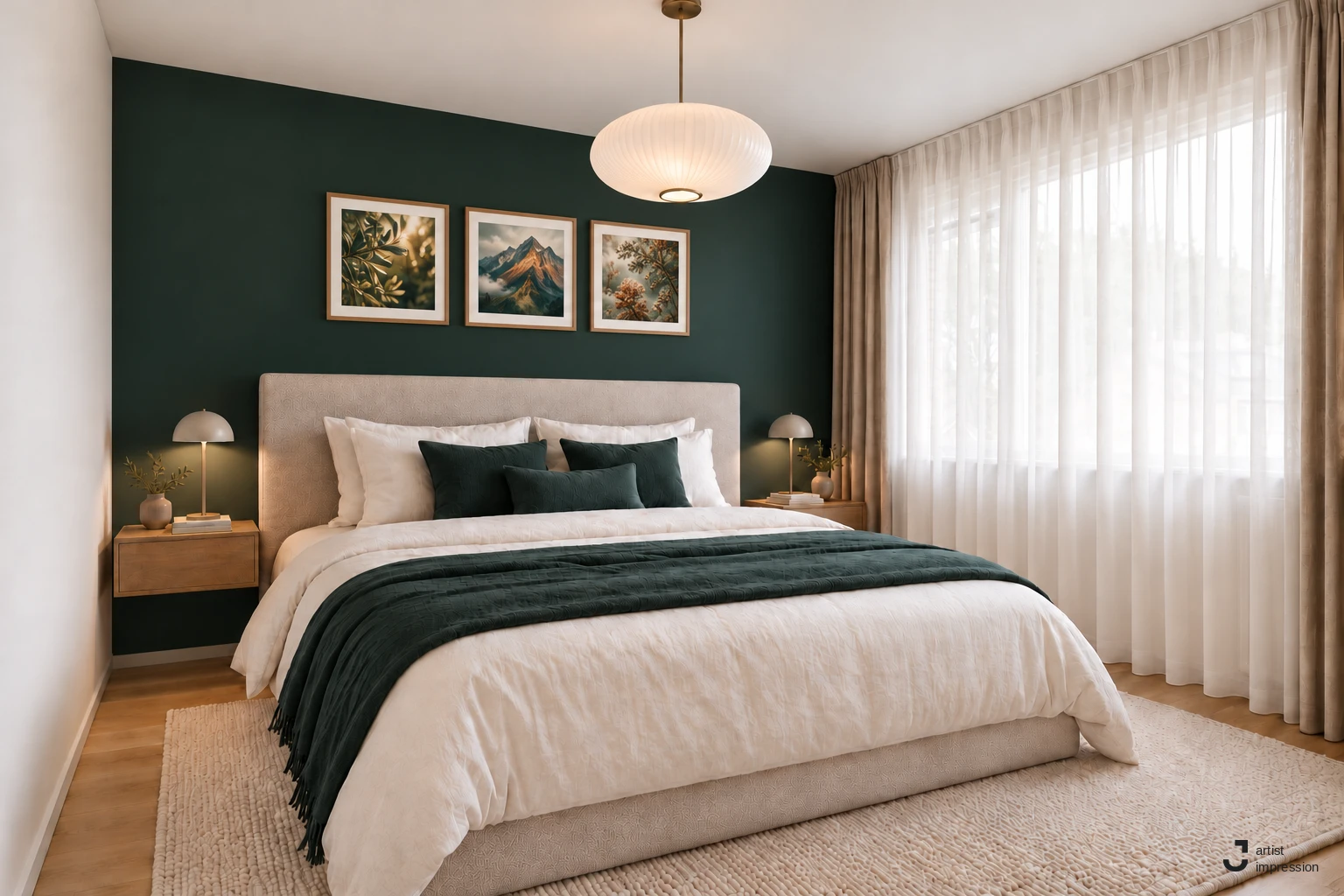 Dezelfde slaapkamer als artist impression: een tweepersoonsbed met donkergroene accentwand en vitrage