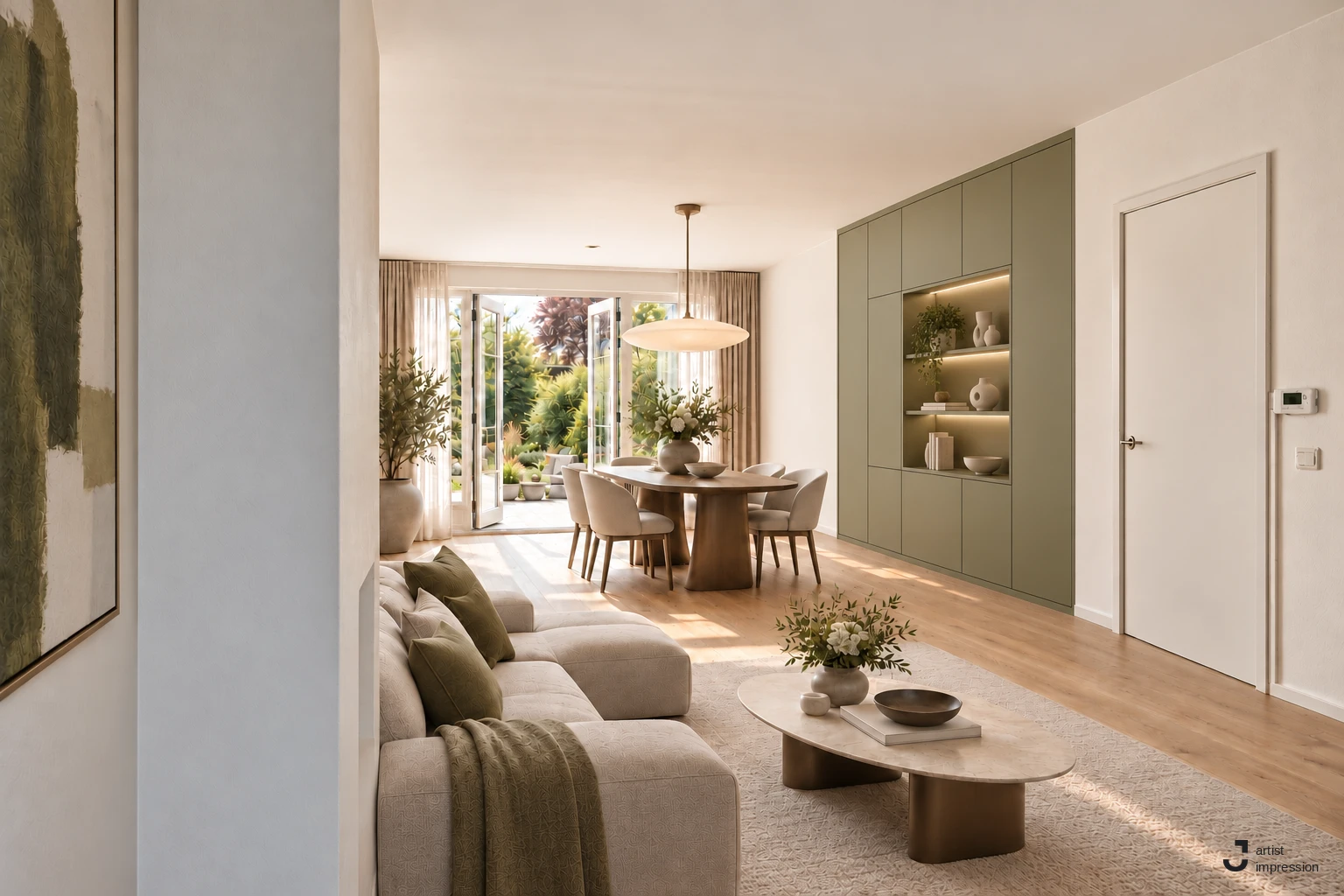 Dezelfde woonkamer als artist impression: ingericht met een zithoek, eettafel, een groene kastenwand en een houten vloer