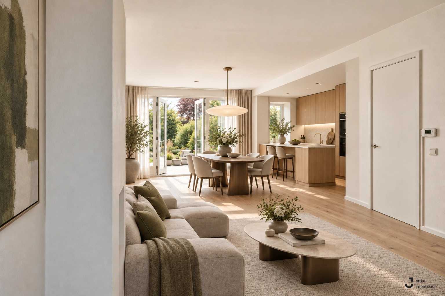 Dezelfde woonkamer als artist impression: ingericht met een zithoek, eettafel en een open keuken in houtfineer